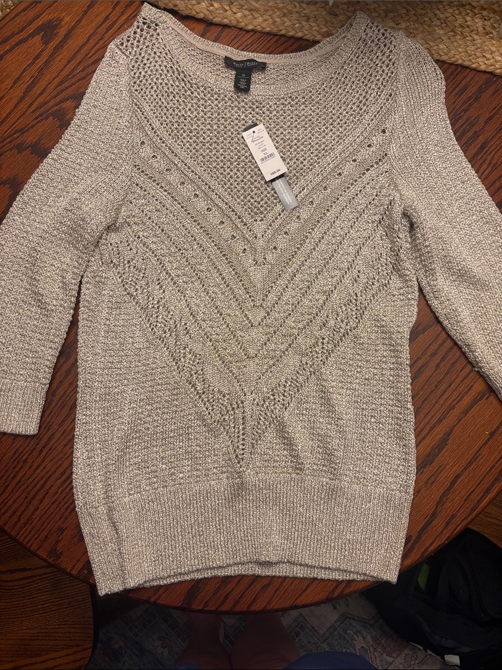 White House Black Market Cream Open-Stitch Chevron Knit Crew Sweater
